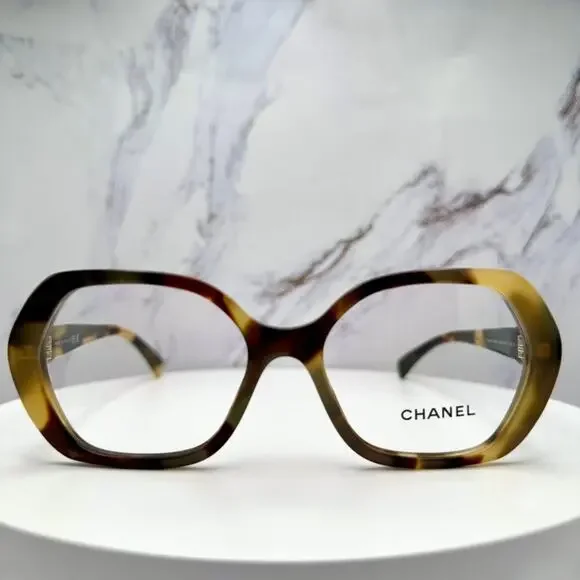 New CHANEL Eyeglasses Brown Gold Chain CC Square Acetate Womens - Picture 2 of 16